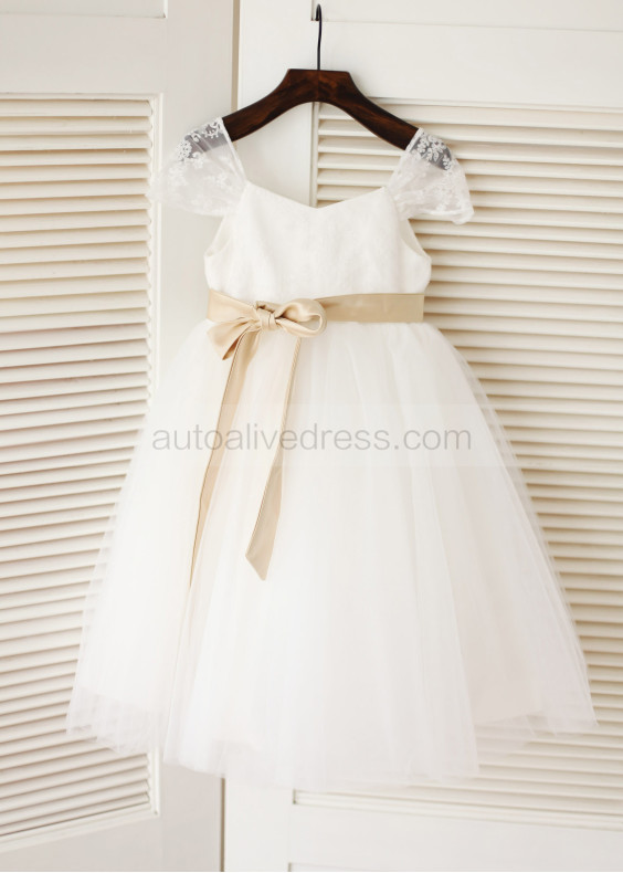 Ivory Lace Tulle Cap Sleeves Flower Girl Dress 